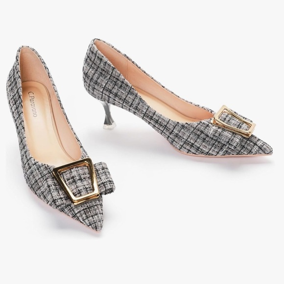 NEW C.Paravano Women's Kitten Heel Pumps-Pointed Toe with Metal Buckle|Leather - Picture 4 of 4